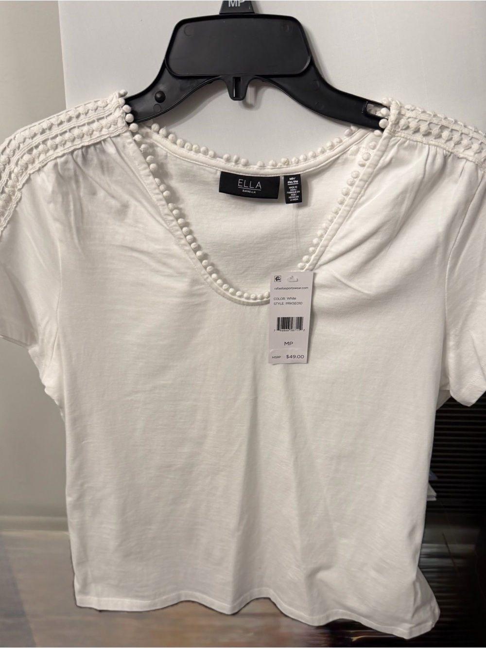 Ella White Short-Sleeve V-Neck Tee with Pom Trim